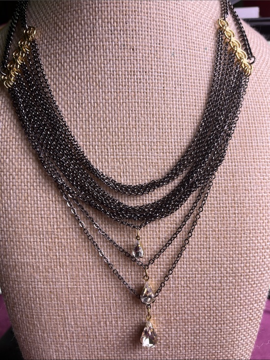 JS Collections Jewelry - Multi-Strand Gunmetal and Gold Necklace with Crystal Teardrops 14"
